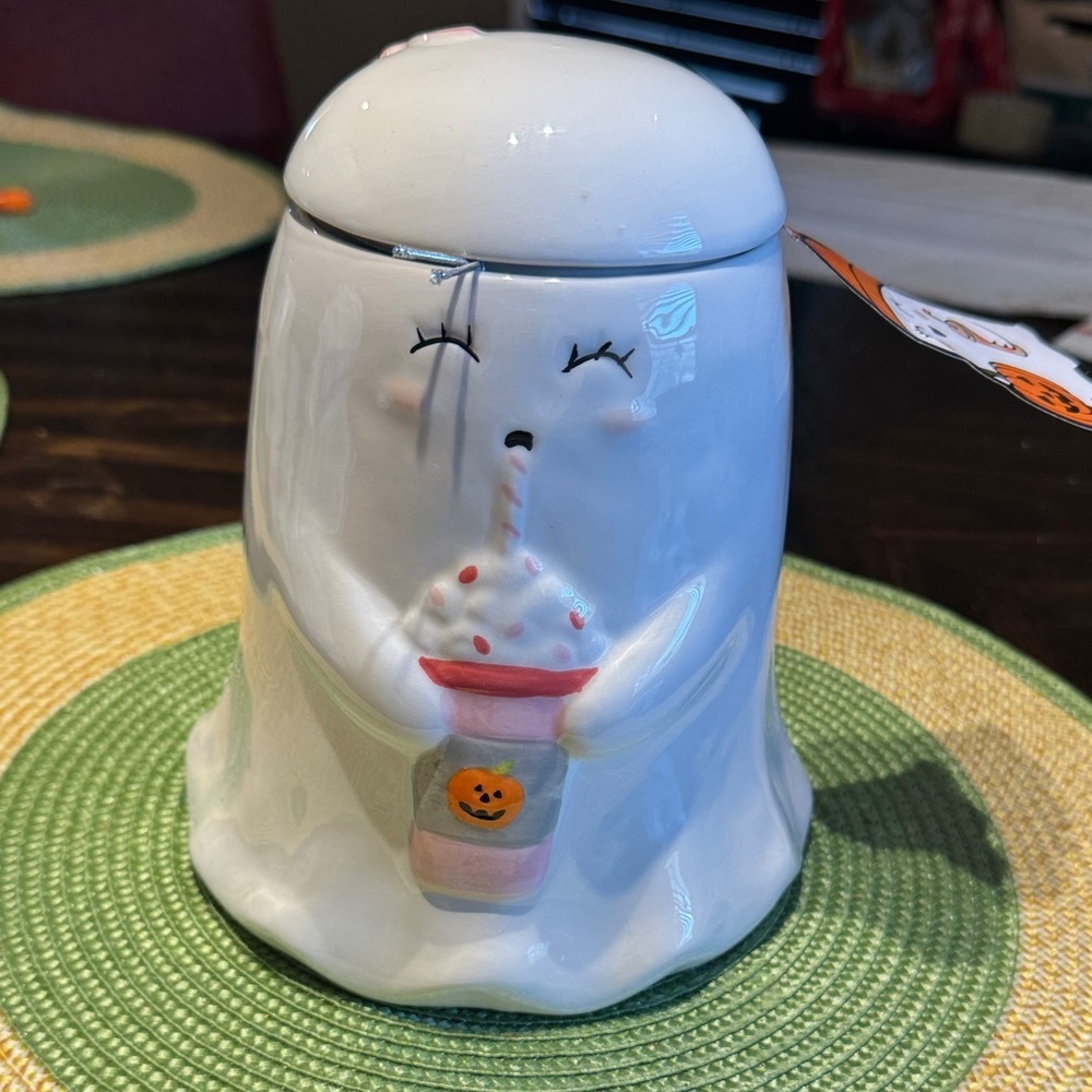 White cute Halloween Ghost Ceramic cookie Jar with Straw Design